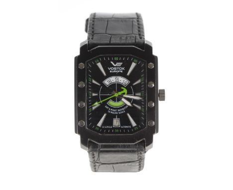 Vostok Arktika Atomic Icebreaker rectangular automatic stainless steel gentleman's wristwatch, no. 044/3000, black dial with 