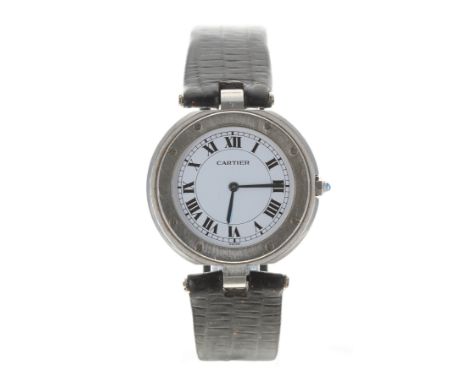 Cartier Santos stainless steel wristwatch, circular white dial with Roman numerals, secret signature at seven and minute trac