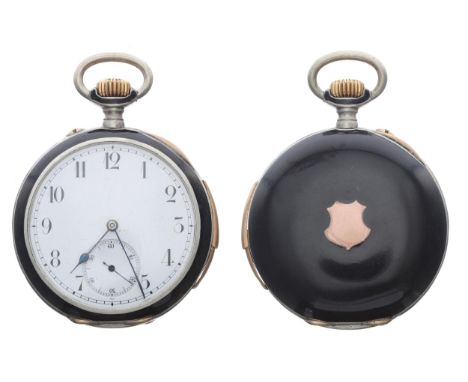 Continental silver (0.935) and black enamel quarter repeating lever pocket watch, gilt frosted movement with compensated bala