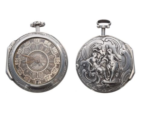 Good English 18th century silver repousse verge pair cased pocket watch, the fusee movement signed John Austin, London, no. 2