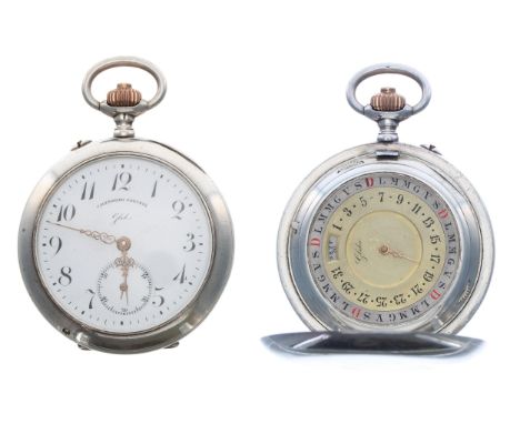 Interesting Continental silver (0.935) calendar pocket watch, the enamel dial signed Globo and inscribed 'Calendrier Brevete'