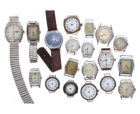 Silver rectangular gentleman's wristwatch for repair; together with a quantity of wire-lug wristwatches for repair/spares and
