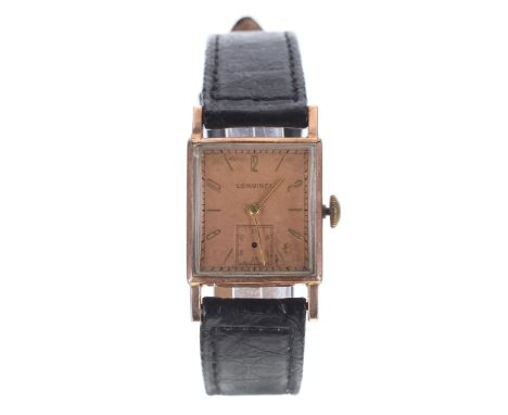 Longines 10k rose gold filled mid-size square cased gentleman's wristwatch, serial no. 5907xxx, circa 1939, square salmon dia