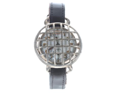 Silver WWI period wire-lug trench wristwatch, import hallmarks London 1915, the enamel dial with Arabic numerals, red twelve,