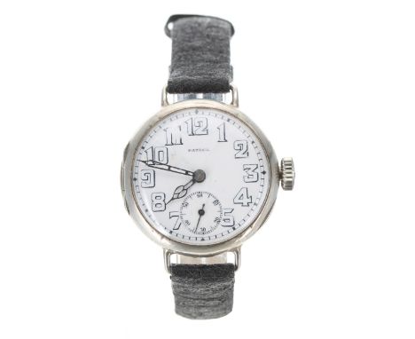 Swiss silver (0.935) wire-lug gentleman's wristwatch, enamel dial signed 'Patrol' with Arabic numerals, minute track and subs