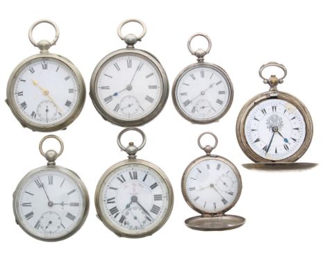 Turkish market lever hunter engraved pocket watch for repair; together with four nickel cased lever pocket watches for repair