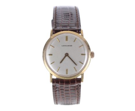 Longines 10k gold filled mid-size gentleman's wristwatch, circular silvered dial with gilt applied baton markers, gilt hands,