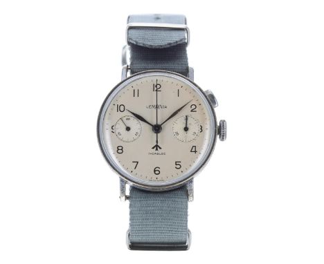 Attributed to Lemania, single push button chronograph nickel plated and stainless steel gentleman's wristwatch, circular silv