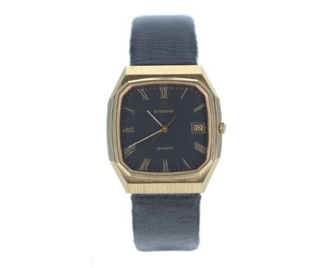Eterna Quartz gold plated and stainless steel gentleman's wristwatch, reference no. 113.4150.25, black dial, black leather st