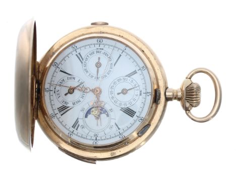 Fine Swiss 14ct quarter repeating chronograph calendar pocket watch with moon phase, lever set movement with compensated bala