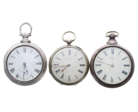 Silver fusee lever pair cased pocket watch for repair, the movement signed Clarke, Oundle. no. 5217, Roman numeral dial, plai