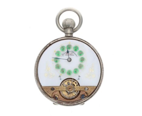 Hebdomas Patent 8 days nickel cased pocket watch, the dial with enamel Roman numerals over a visible balance, 47mm-Movement -