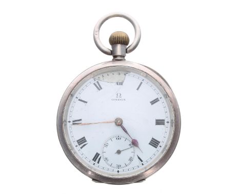 Omega silver lever engine turned pocket watch, import hallmarks London 1917, signed movement, no. 5021937, with compensated b