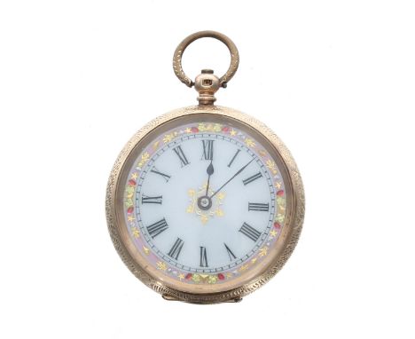 Attractive 14k cylinder fob watch, gilt frosted bar movement with gilt three arm balance and regulator, metal cuvette, decora
