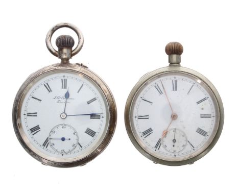 J.W. Benson 'The Bank' silver lever pocket watch for repair, 50mm; together with a lever pocket watch within an Omega nickel 