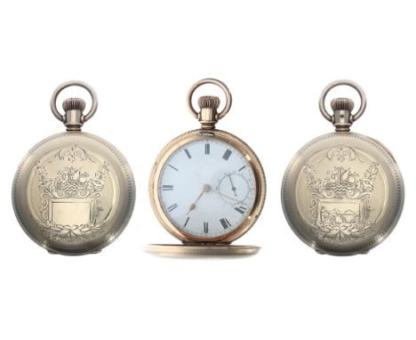 'Fogg's Patent' key wind gold plated lever hunter pocket watch, movement no. 884592, with engraved balance cock, steel three 