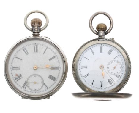 Silver (0.800) cylinder half hunter engine turned pocket watch, 46mm; together with a silver (0.800) cylinder engine turned p