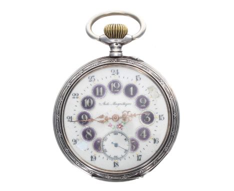 Large Continental silver (0.800) lever pocket watch, the foliate dial inscribed 'Anti-Magnetique' with purple enamel hour mar