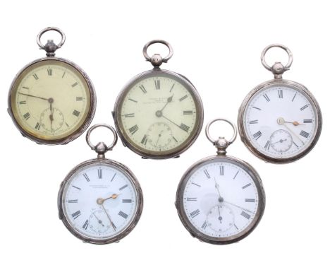 Five silver lever engine turned pocket watches for attention/repair 
