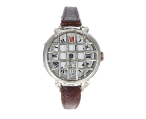 Silver WWI period wire-lug trench watch, import hallmarks London 1914, enamel dial with Roman numerals, red twelve, luminous 
