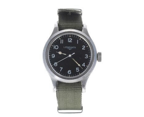 Longines R.A.F issue stainless steel pilot's wristwatch, movement no. 6108xxx, circa 1956, rare MOD 'WINGS' black dial, with 
