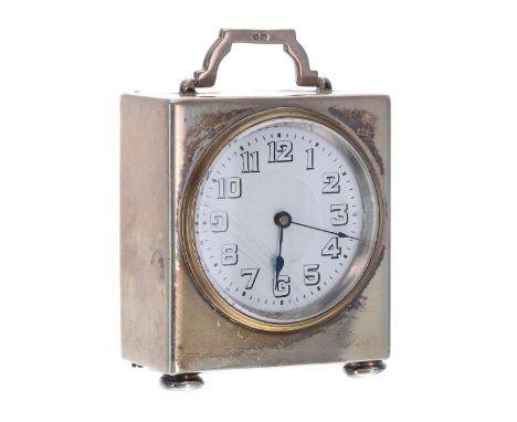 George V miniature silver cased carriage clock timepiece, Birmingham 1920,&nbsp; also bearing hallmarks to the handle and ins