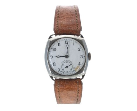 Silver cushion cased wire-lug gentleman's wristwatch, import hallmarks Edinburgh 1926, enamel dial with Arabic numerals, minu