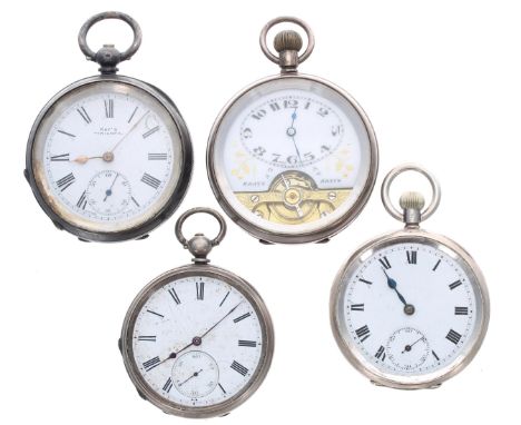 Silver 8 days engine turned pocket watch for repair, 52mm; together with three silver lever engine turned pocket watches for 