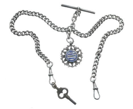 Silver curb double watch Albert chain, with two silver clasps, silver T-bar, silver and enamel 'Warminster &amp; District Jun