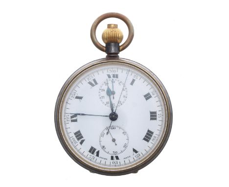 Swiss gunmetal centre seconds chronograph lever pocket watch, gilt frosted movement, the dial with Roman numerals, 25/300 sca