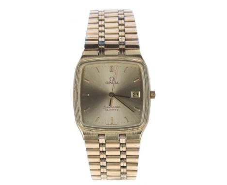 Omega Seamaster Quartz squared cased gold plated gentleman's wristwatch, reference 1960241, square champagne dial with applie