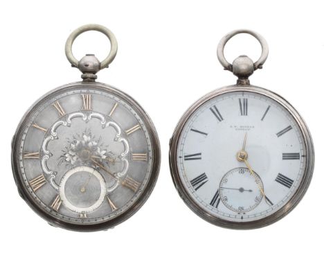 J.W Benson silver fusee lever pocket watch for repair, 49mm; together with a silver fusee lever engine turned pocket watch fo