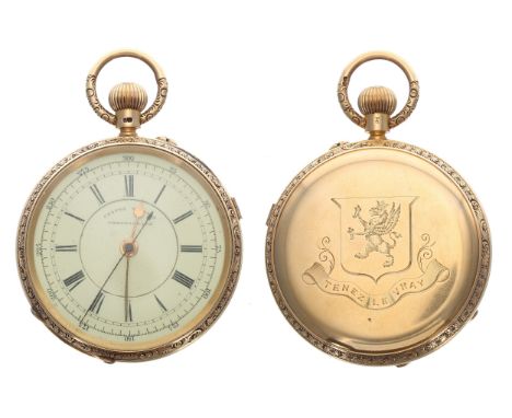 18ct Centre Seconds Chronograph lever pocket watch, Chester 1895, the gilt frosted three quarter plate movement signed J.H. D