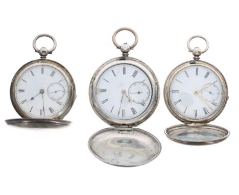 Two silver fusee lever engine turned hunter pocket watches for repair; together with a fusee lever movement for repair within