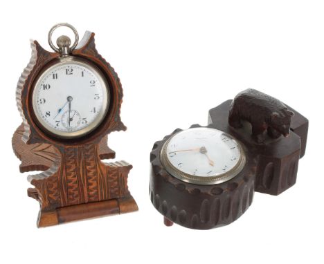 Black forest carved desk timepiece,&nbsp;mounted with a bear and with letter slot, the movement signed Jas Rennie, no. 8026, 