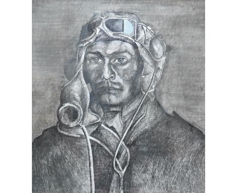 Pat Rixson, charcoal, Portrait of a gentleman wearing flying goggles, signed, 88 x 81cm. Condition - good