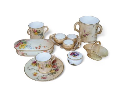 A group of Royal Worcester etc. miniatures including blush ivory tygs and a miniature fruit painted pot and cover, largest 6c