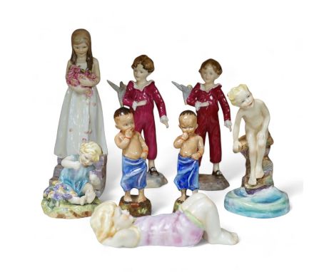 Eight various Royal Worcester F.G. Doughty figures including Happy Boy, Water Baby, Mischief, Parakeet, etc. Condition - good