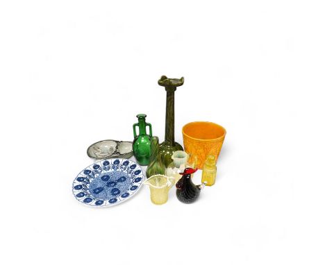 A collection of coloured glassware to include Vaseline examples and a collection of pottery to include a candlestick, a dish 