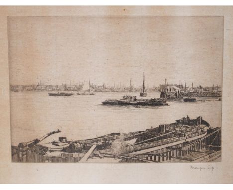 Mortimer Menpes NEA (1855-1938), etching, Thames riverscape, signed in pencil, details verso, 13 x 16.5cm. Condition - fair, 