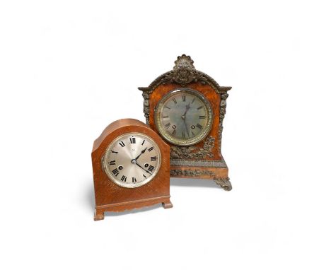 A late 19th century brass mounted burr walnut bracket clock with key and pendulum, and an oak mantel clock, tallest 37cm. Con