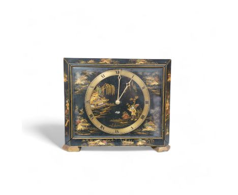 An Art Deco chinoiserie japanned mantel clock, with Smiths electric movement, 23cm tall. Condition - fair, not currently work