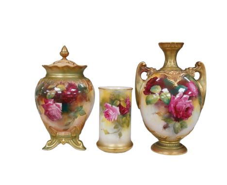 Three Royal Worcester rose painted vases, numbers 1684, 245 and 2510, tallest 18cm. Condition - good