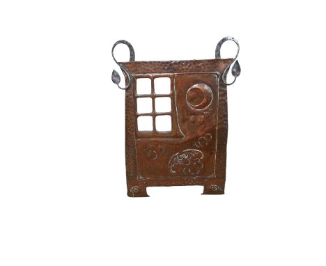 An Arts and Crafts hammered copper and wrought iron fire screen, 73cm. Condition - fair to good, lacking glass panel