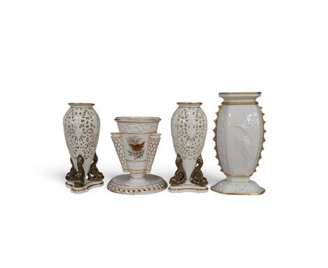 A pair of Royal Worcester or Grainger and Co. pierced urns and two other Worcester vases, tallest 16cm. Condition - good, som