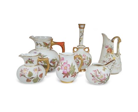 Four Royal Worcester ivory ground and gilt decorated vases and a handled posy pot and tall stemmed vase, 18.5cm high. Conditi