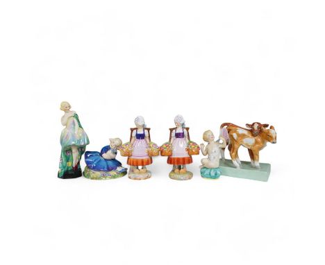 Six Royal Worcester figures, modellers, Lindner, Acheson, Gertner, largest calf 13cm wide. Condition - small chip to ear on c