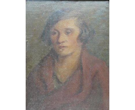 Irish School, oil on canvas, Head and shoulders portrait of a lady, partial Dublin label verso, 38 x 28cm, gilt framed. Condi