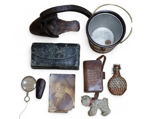 A collection of sundry items to include a fisherman's fly tying kit, a crocodile skin purse, a travelling inkwell, a miniatur