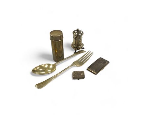 A group of small silver, including a George IV vinaigrette, shaving brush holder, etc. and a Dutch white metal snuff box. Con